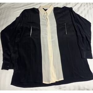VINTAGE MENS GENELLI Black And Cream Two Tone SILK SHIRT‎ NEHRU COLLAR XL Tall